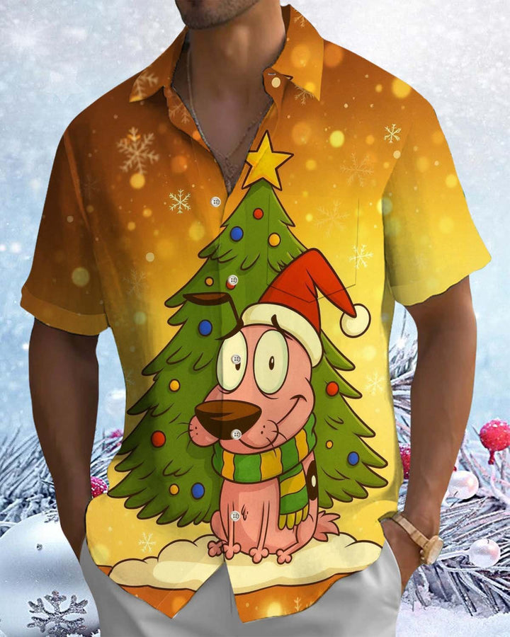 Alohadaddy® Holiday/Christmas "Scaredy Dog" Print Button-Down Short-Sleeve Shirt with Pocket