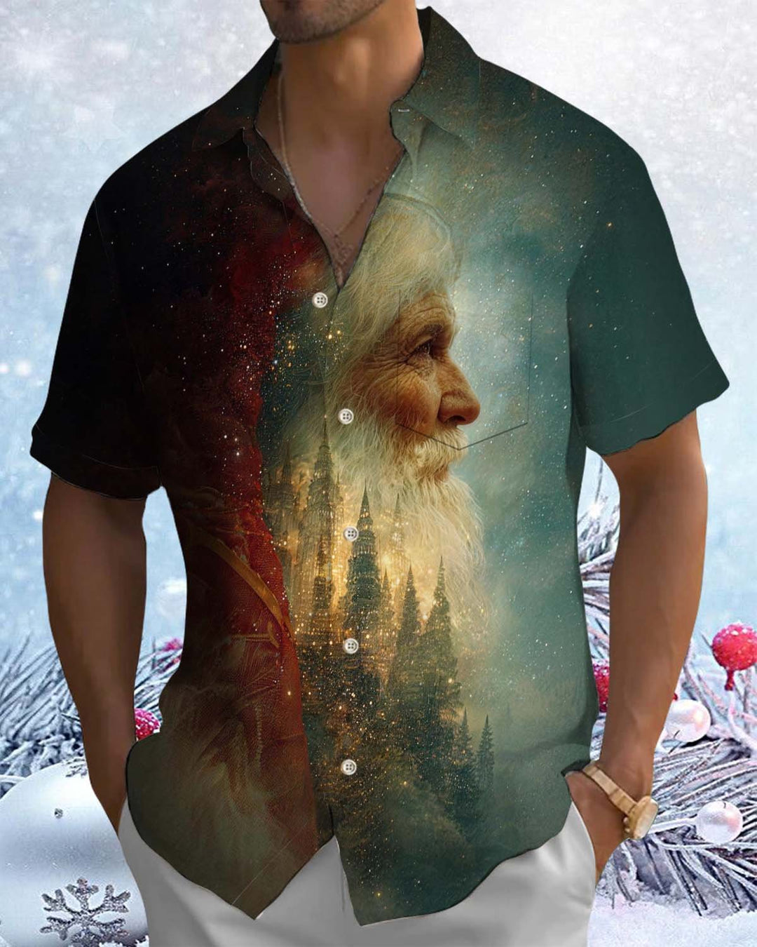 Alohadaddy® Men’s Short-Sleeve Button-Down Shirt  Vintage-Style Christmas Print with Pocket