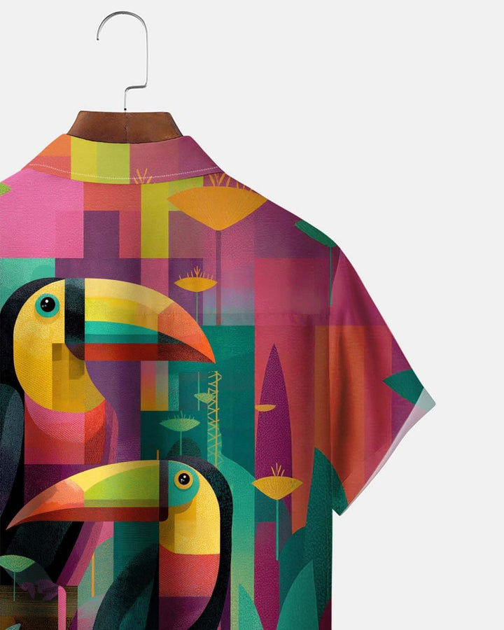 Alohadaddy® Men’s Short-Sleeve Button-Down Shirt  Vintage-Style Geometric Parrot Print with Pocket