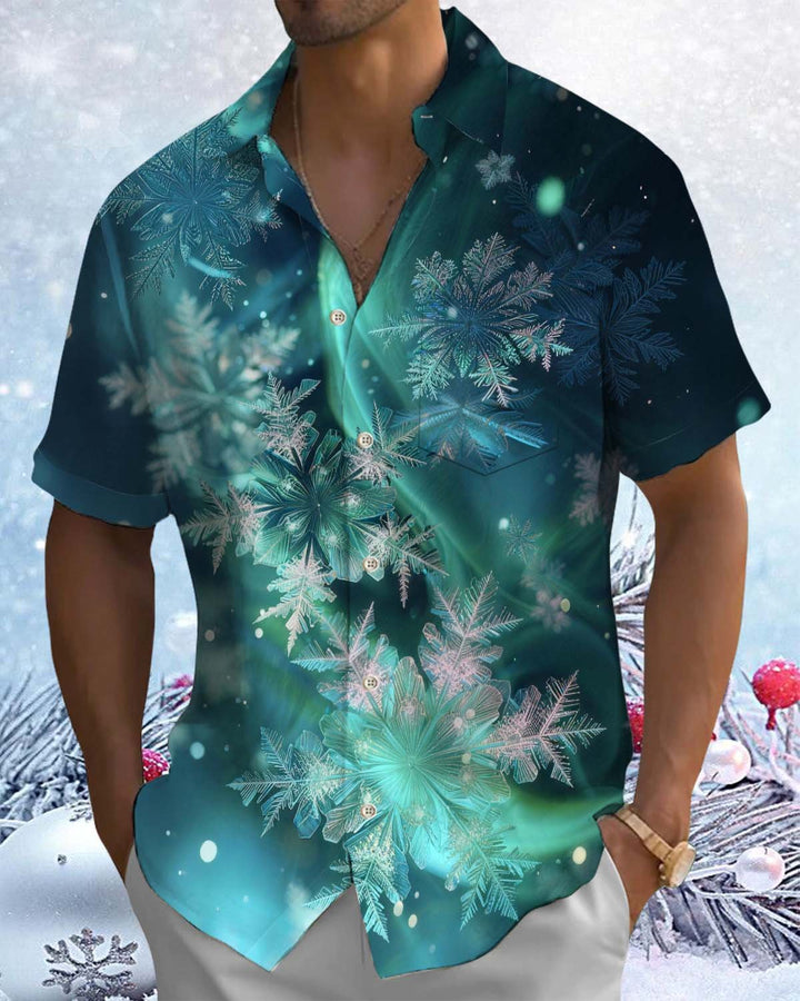 Alohadaddy® Men’s Short-Sleeve Button-Down Cardigan Shirt with Vintage Christmas Snowflake Print and Pocket