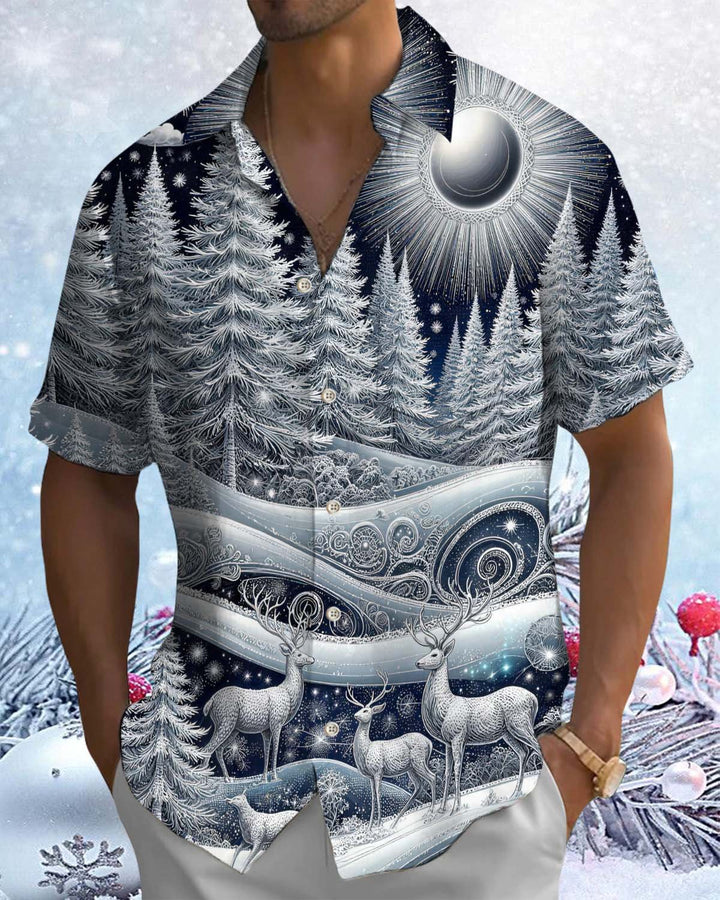 Alohadaddy® Men’s Short-Sleeve Button-Down Cardigan Shirt  Holiday/Christmas Reindeer Print with Pocket