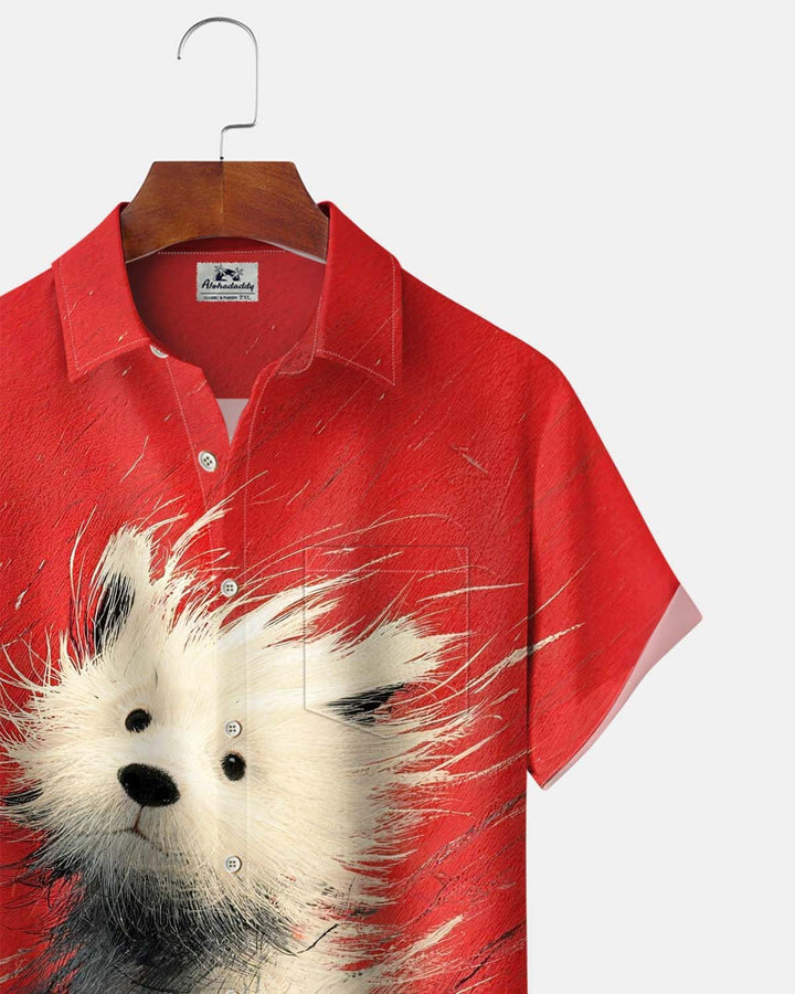 Alohadaddy® Men’s Short-Sleeve Button-Down Shirt  Casual Style with Puppy Print, Art-Inspired Design, and Pocket