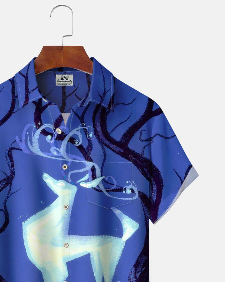 Alohadaddy® Men’s Short-Sleeve Button-Down Shirt Vintage-Style Luminous Deer Print with Pocket