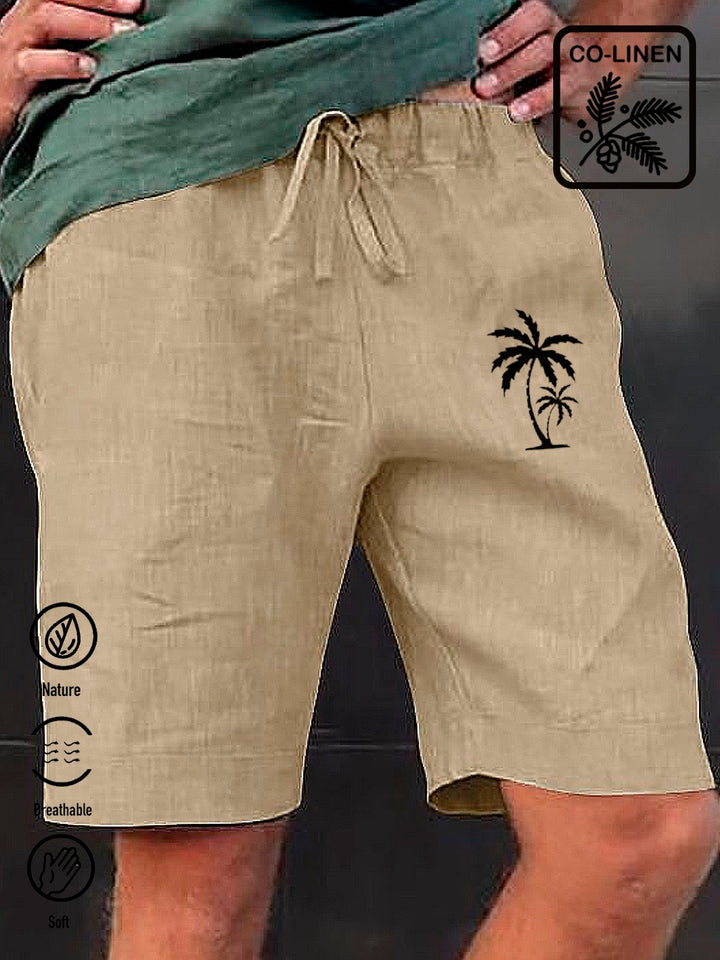 Alohadaddy flax coconut tree print breathable moisture absorption casual shorts