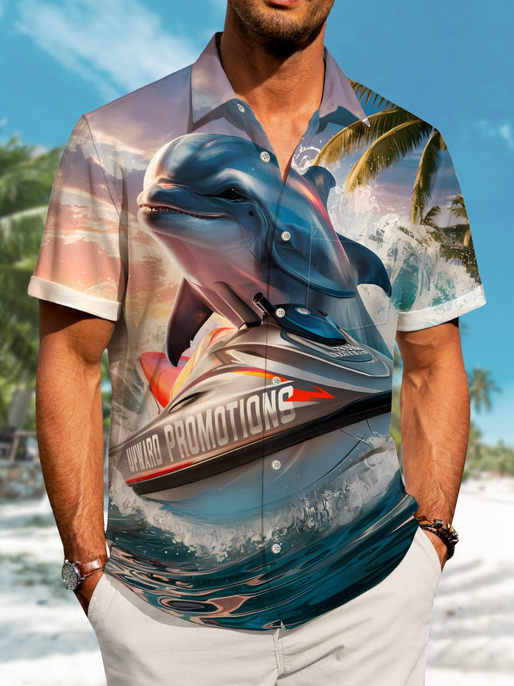 Alohadaddy Hawaii Vacation Dolphin Jet Ski Printed Art Pockets Buttons Short Sleeve Stretch Plus Size Men&