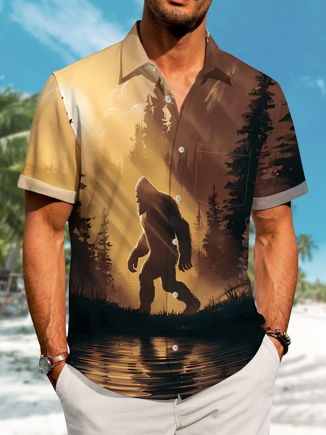 Alohadaddy Hawaii Resort Style Bigfoot Print Art Button Stretch Large Size Men&