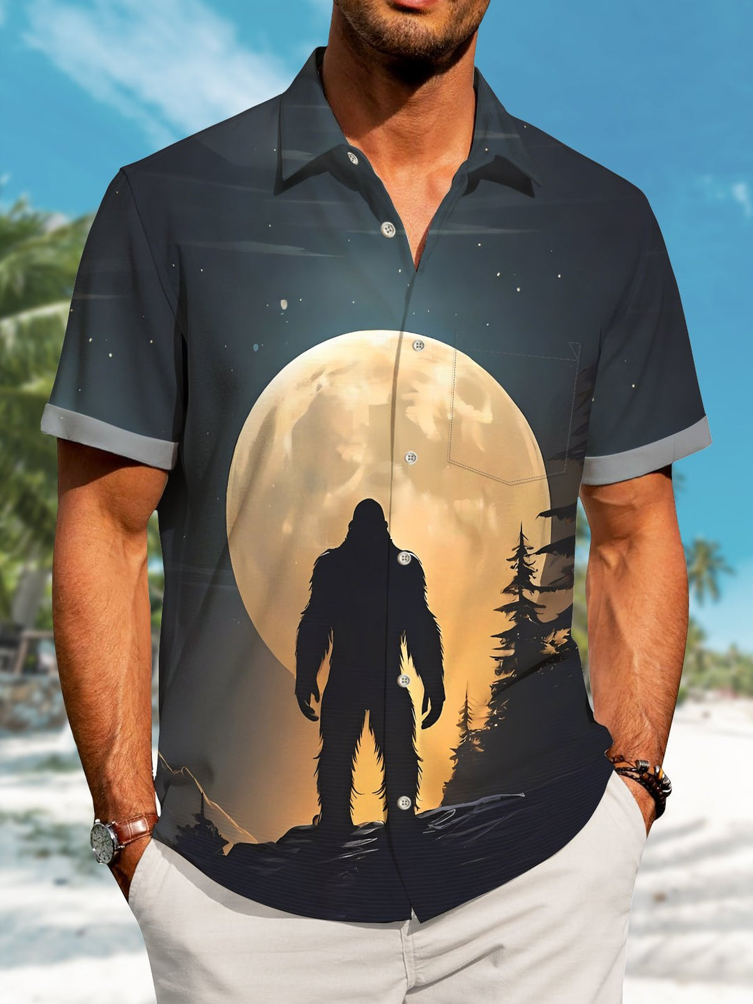 Alohadaddy Hawaii Vintage Bigfoot Sunset Silhouette Print Art Buttons Stretch Large Size Men&