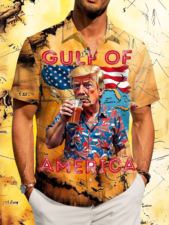 Alohadaddy Vintage Hawaiian Trump Print Art Pocket Button Stretch Oversized Shirt