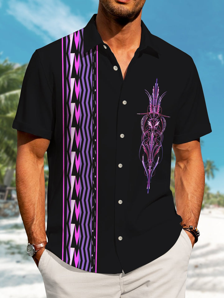Alohadaddy Casual Contrast Stripes Printed Art Pockets Buttons Stretch Oversized Shirt