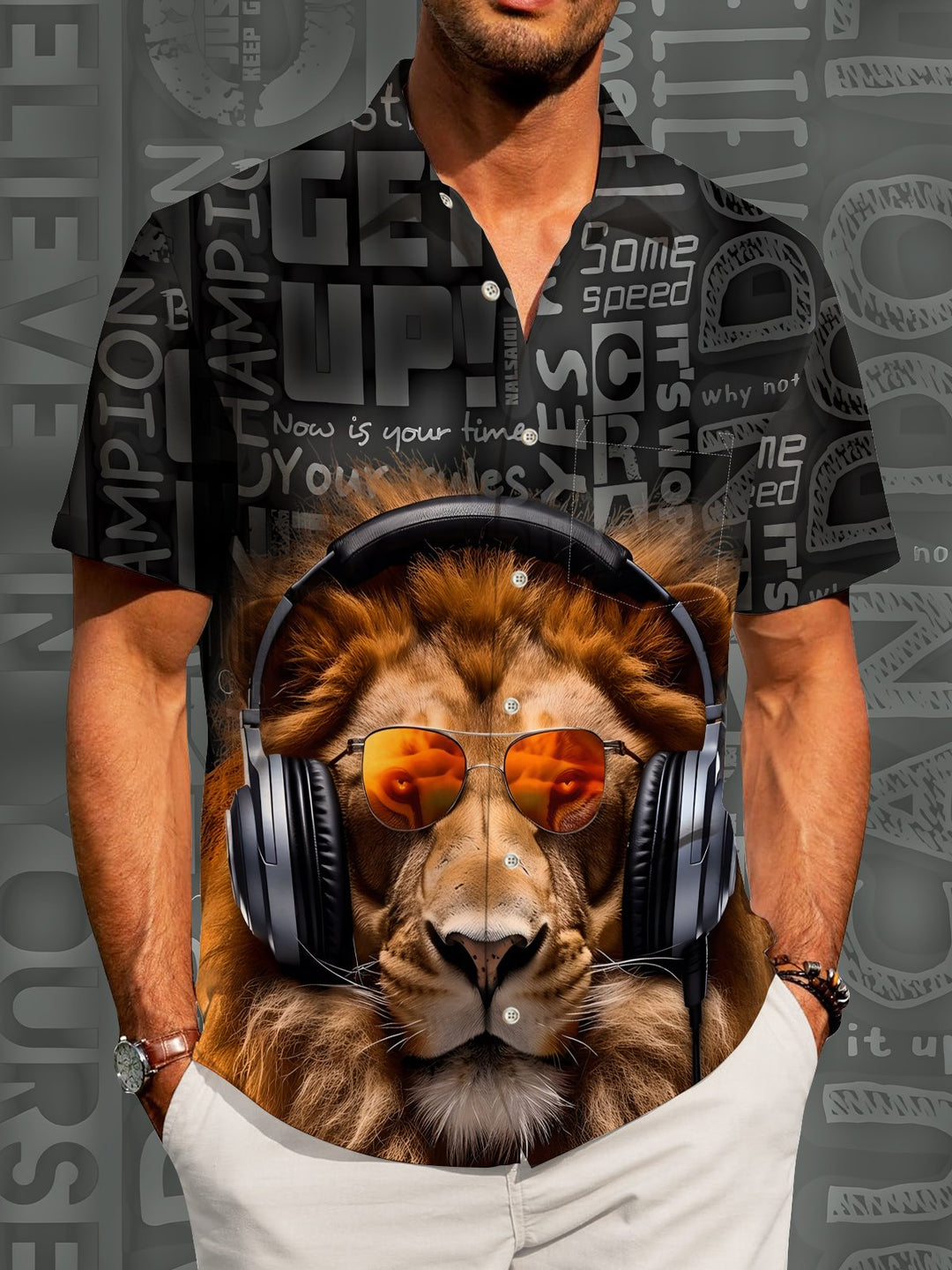 Alohadaddy Casual Letters Lion Print Art Pockets Buttons Elastic Large Size Shirt
