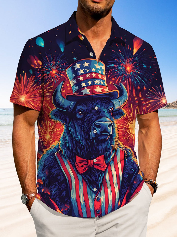Alohadaddy Holiday Collection Independence Day Bull Button Cardigan Pocket Stretch Oversized Polyester Short Sleeve Shirt