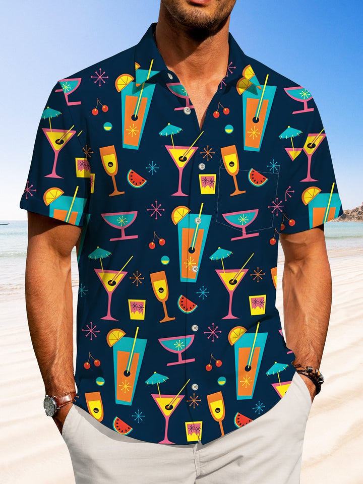 Alohadaddy Hawaiian Wine Glass Contrasting Color Print Art Buttons Cardigan Pockets Stretch Oversize Short Sleeve Shirt