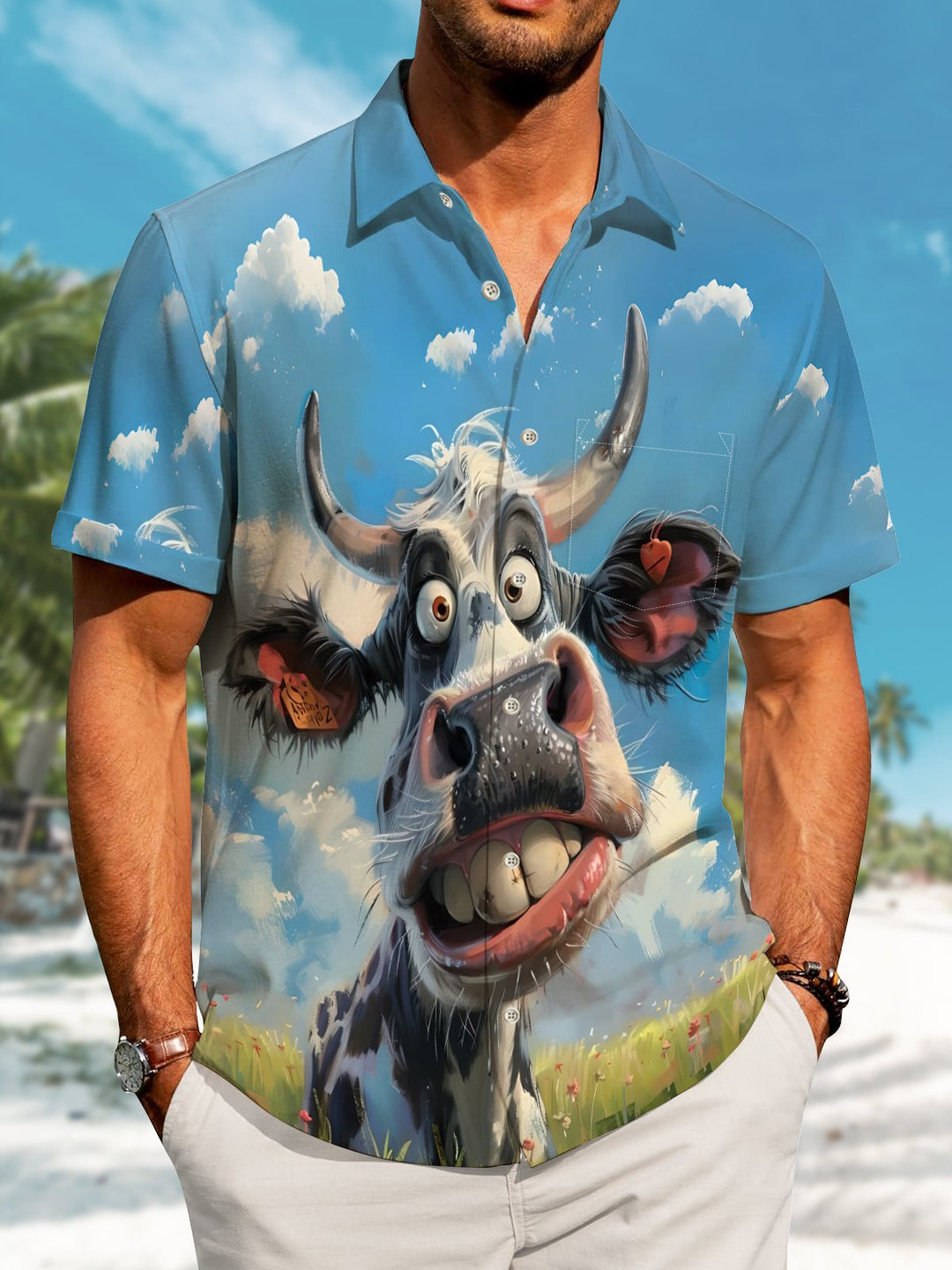 Alohadaddy Hawaiian Cow Print Art Button Cardigan Pockets Stretch Oversized Polyester Short Sleeve Shirt