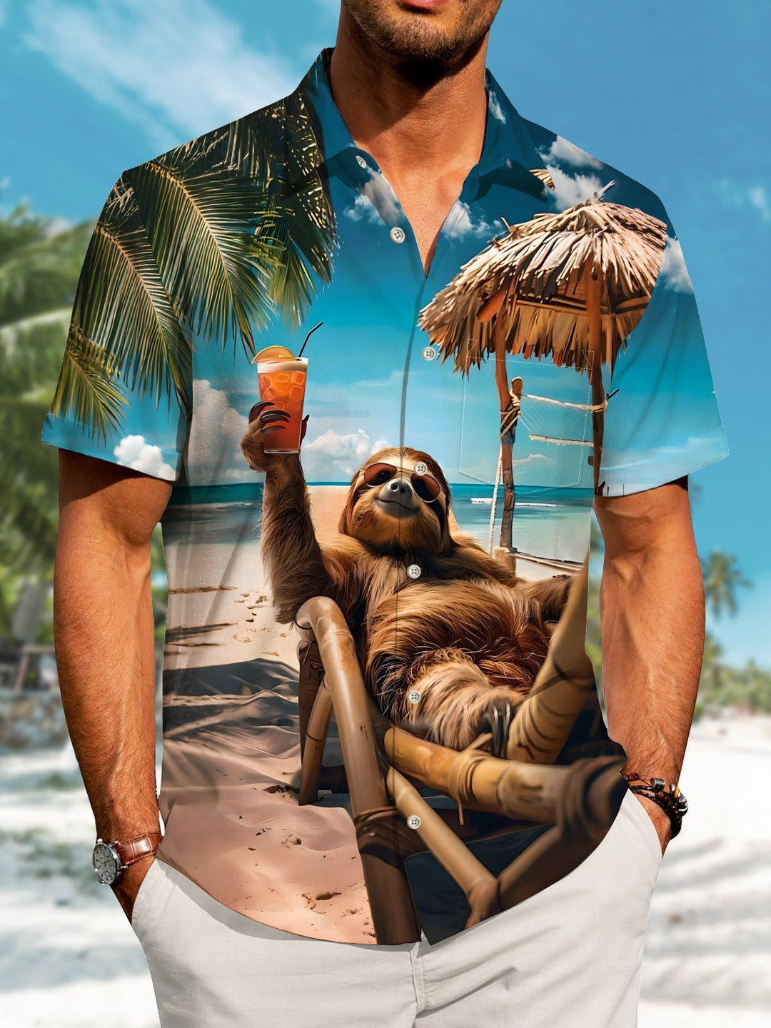 Alohadaddy Hawaiian Sloth Vacation Print Art Button Cardigan Pocket Stretch Large Size Long Short Sleeve Shirt