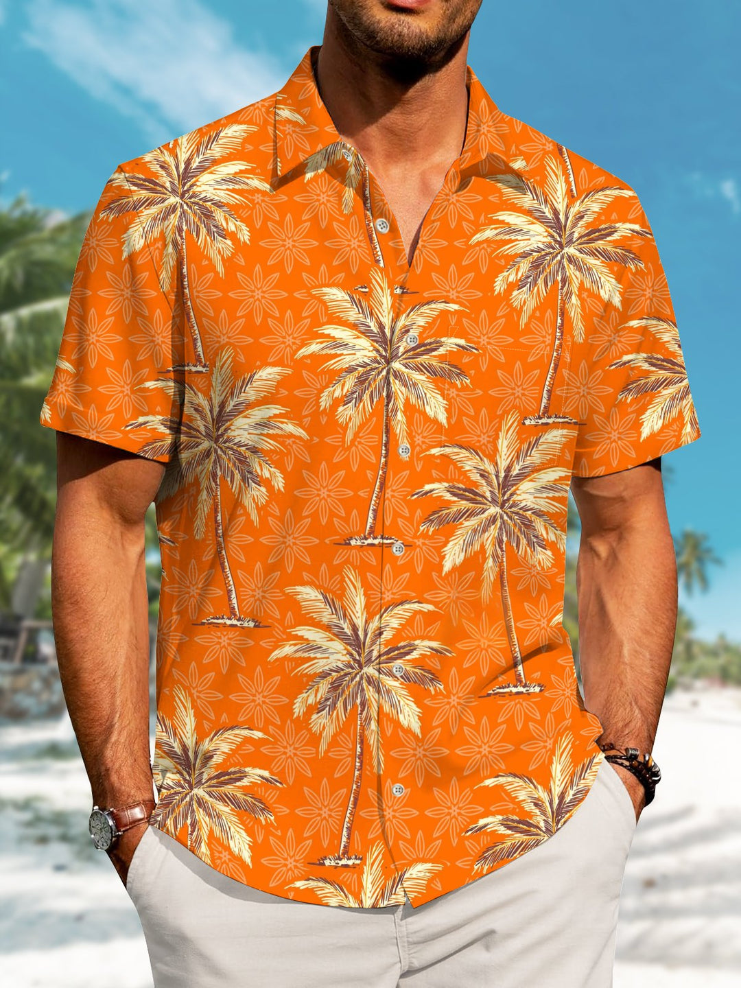 Alohadaddy Hawaii Palm Trees Vacation Print Art Button Cardigan Pockets Large Size Long Short Sleeve Polyester Shirt