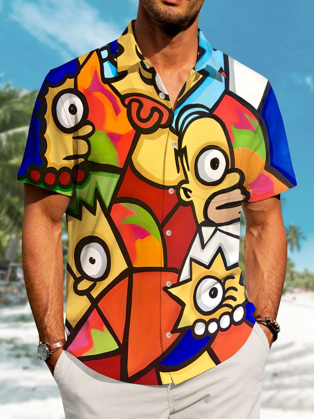 Alohadaddy Hawaiian Graffiti Cartoon Print Art Button Cardigan Pocket Elastic Large Size Short Sleeve Shirt