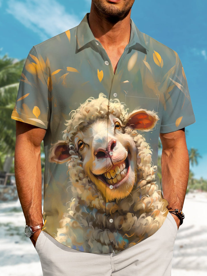 Alohadaddy Casual Sheep Ink Painting Art Button Cardigan Pocket Stretch Large Size Long Short Sleeve Shirt
