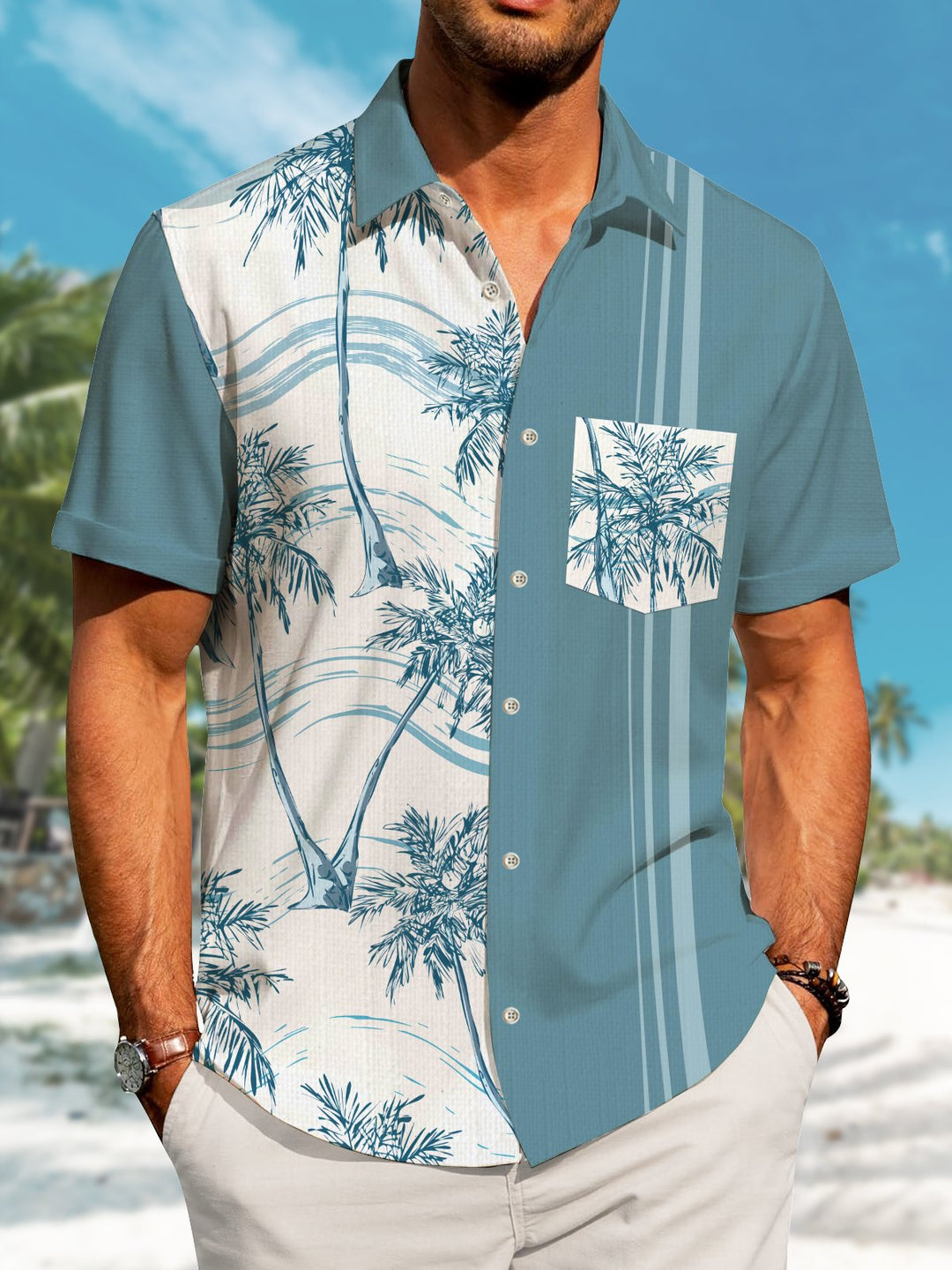 Alohadaddy Casual Collection Hawaiian Palm Tree Stripes Contrast Color Print Art Button Cardigan Pockets Breathable Stretch Long Oversized Shirt
