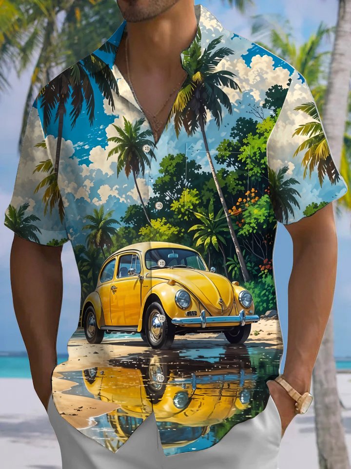 Alohadaddy Hawaii Casual Car Palm Trees Print Art Button Pocket Cardigan Stretch Large Size Short Sleeve Shirt