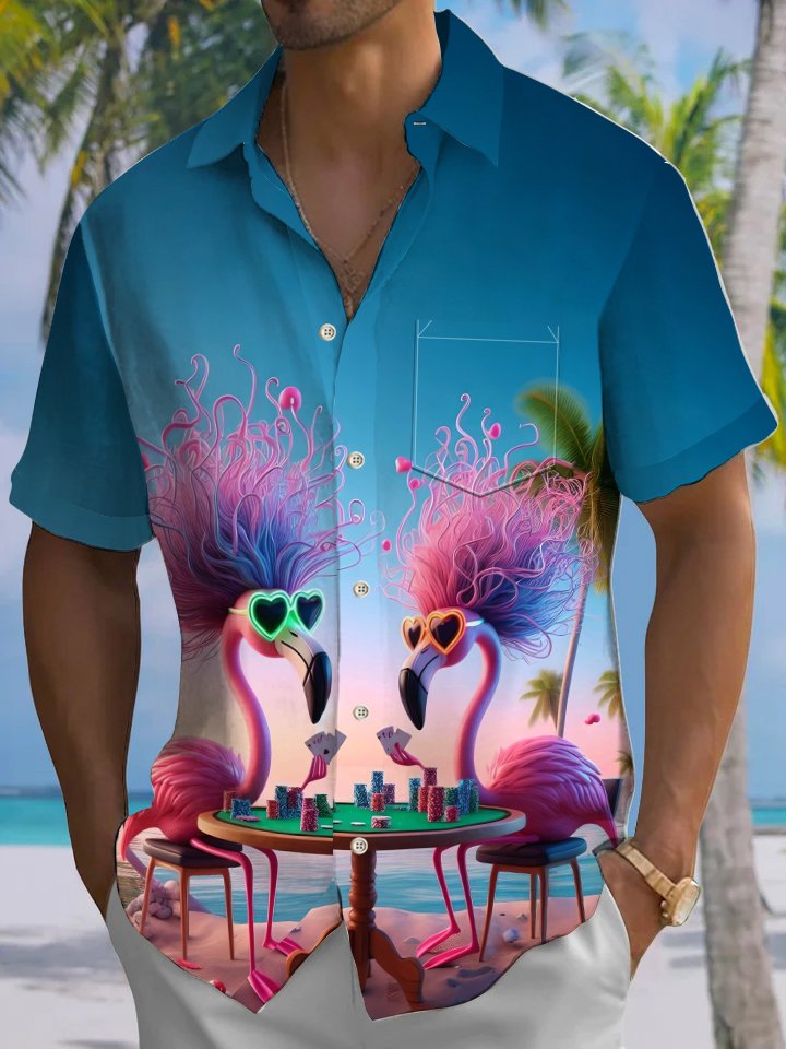 Alohadaddy Casual Collection Hawaiian Vacation Flamingo Print Art Button Cardigan Pockets Fresh Stretch Polyester Short Sleeve Shirt