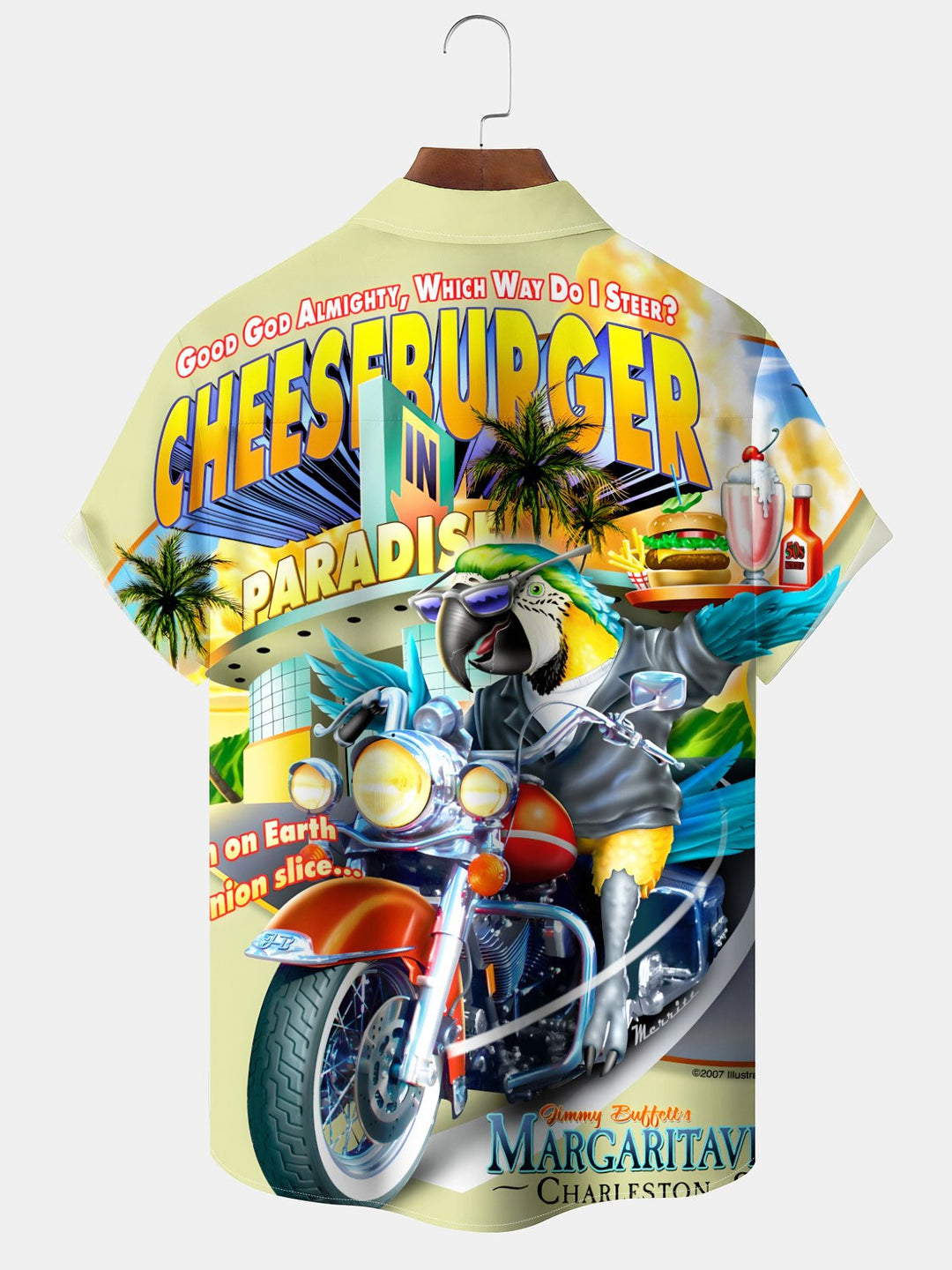 Alohadaddy Casual Parrot Motorcycle Art Print Moisture Wicking Chest Pocket Hawaiian Short Sleeve Shirt