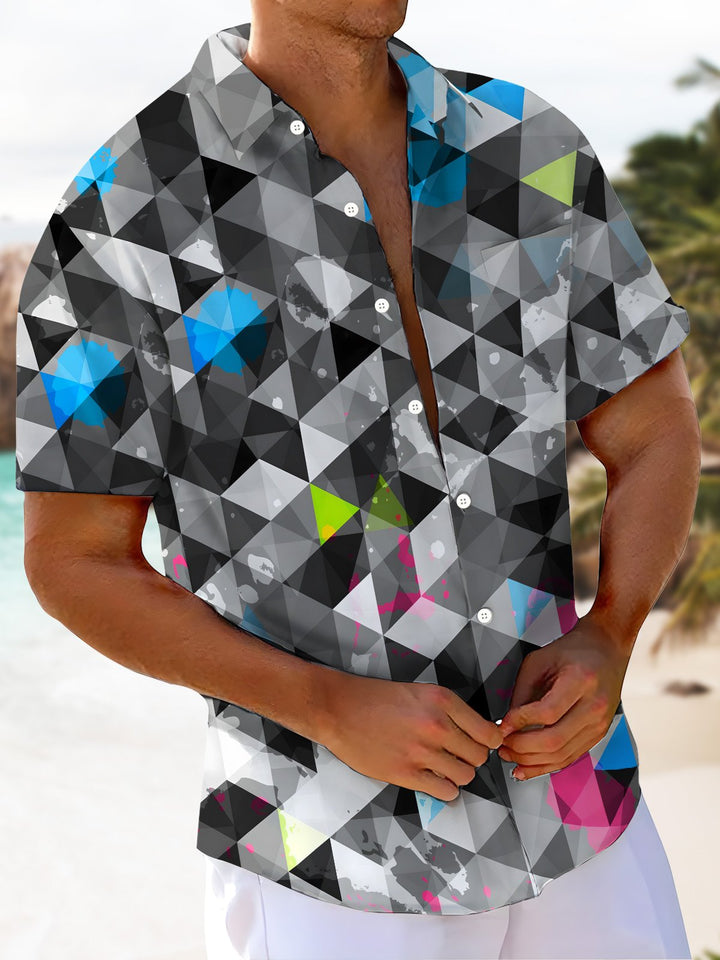 Alohadaddy® Geometric Triangle Art Print Moisture Wicking Chest Pocket Stretch Oversized Hawaiian Shirt
