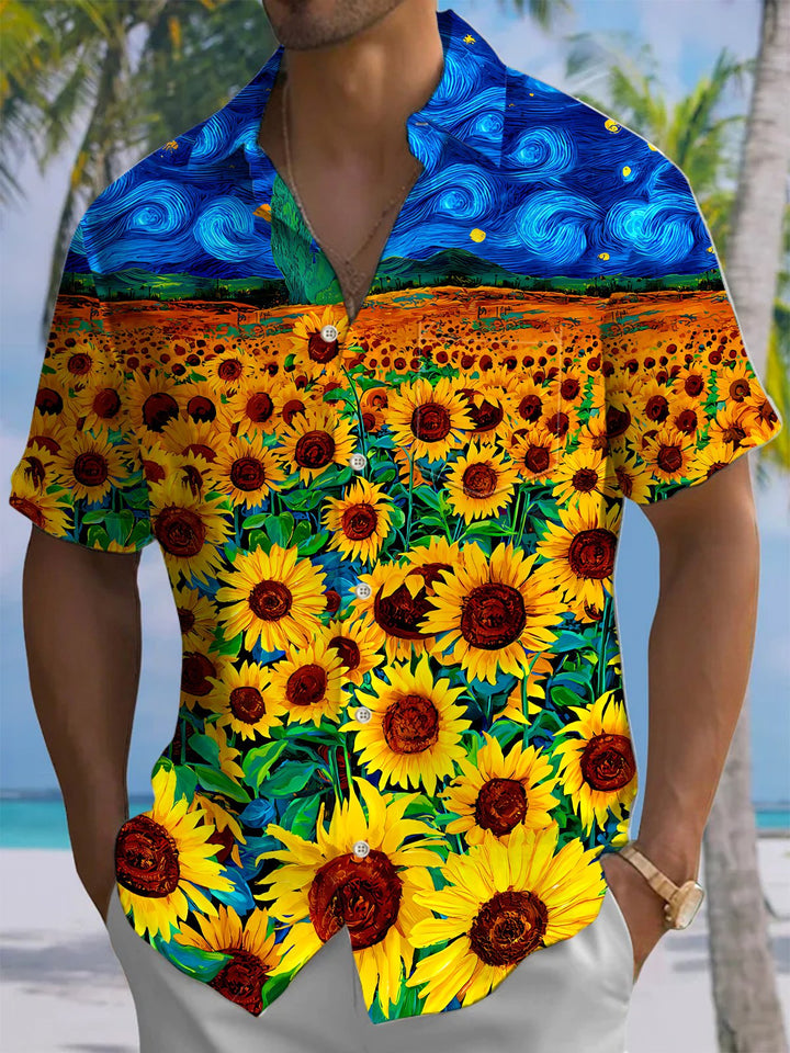 Alohadaddy® Hawaiian Sunflowers Oil Painting Print Chest Pocket Men&