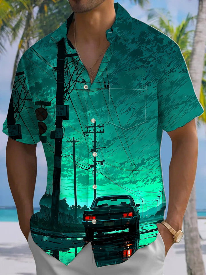 Alohadaddy® Vintage Car Night Sky Print Art Chest Pocket Men&