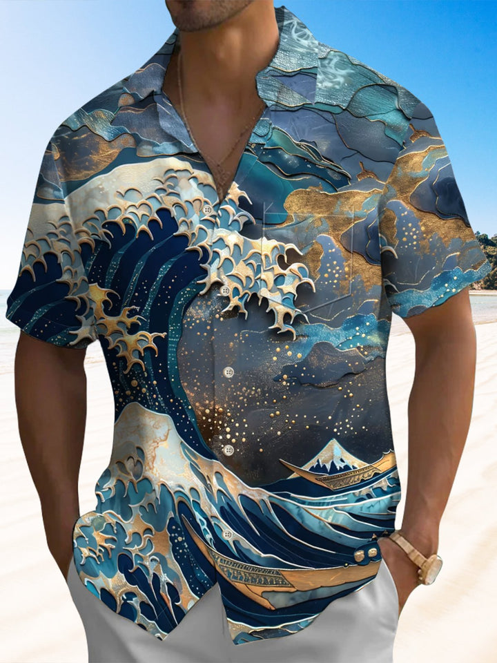 Alohadaddy® Casual Ukiyo-e Print Art Chest Pocket Men Short Sleeve Shirt Big &amp; Tall