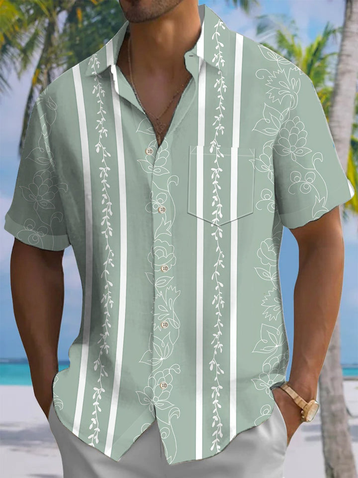 Alohadaddy® Casual Stripe Floral Art Print Chest Pocket Men&