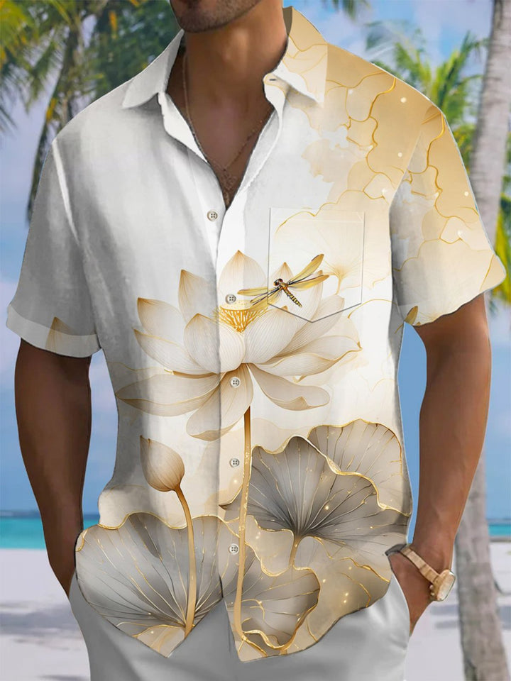 Alohadaddy® Casual Lotus Painting Art Print Chest Pocket Men&