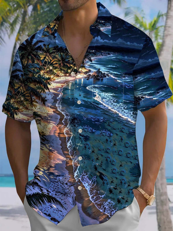 Alohadaddy® Hawaiian Beach Vacation Art Print Chest Pocket Stretch Men&