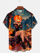 Alohadaddy® Halloween Pumpkin Girl Print Men's Button Pocket Short Sleeve Shirt Big & Tall