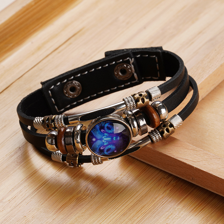 Pulsera de cuero trenzada con hebilla de cuentas de tres capas luminosa con doce constelaciones