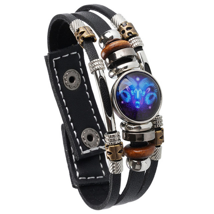 Pulsera de cuero trenzada con hebilla de cuentas de tres capas luminosa con doce constelaciones
