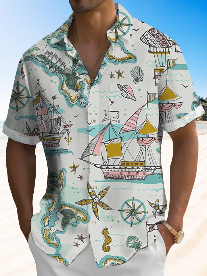 Alohadaddy Vintage Nautical Ship Travel Map Hawaiian Shirt