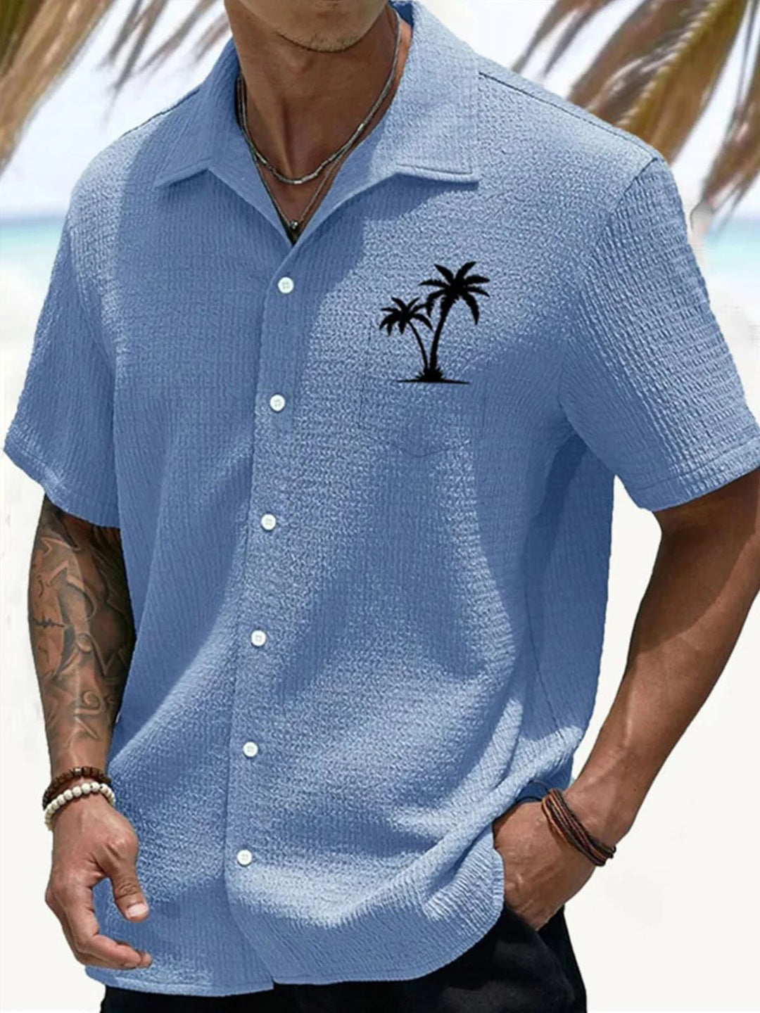 Camisa de manga corta con bolsillos abotonados y estampado digital 3D de crepe con cocotero hawaiano de Alohadaddy para hombre, talla grande y alta