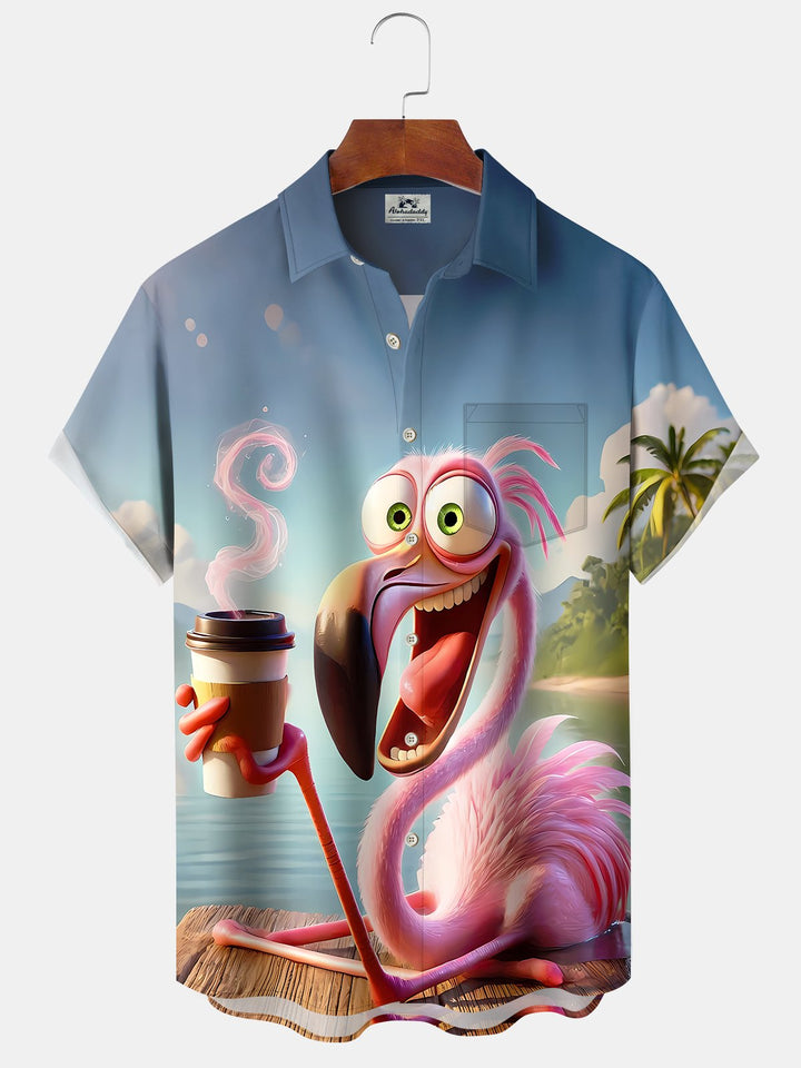 Alohadaddy Hawaii Resort Style Flamingo Drinking Coffee Print Art Button Stretch Large Size Men&