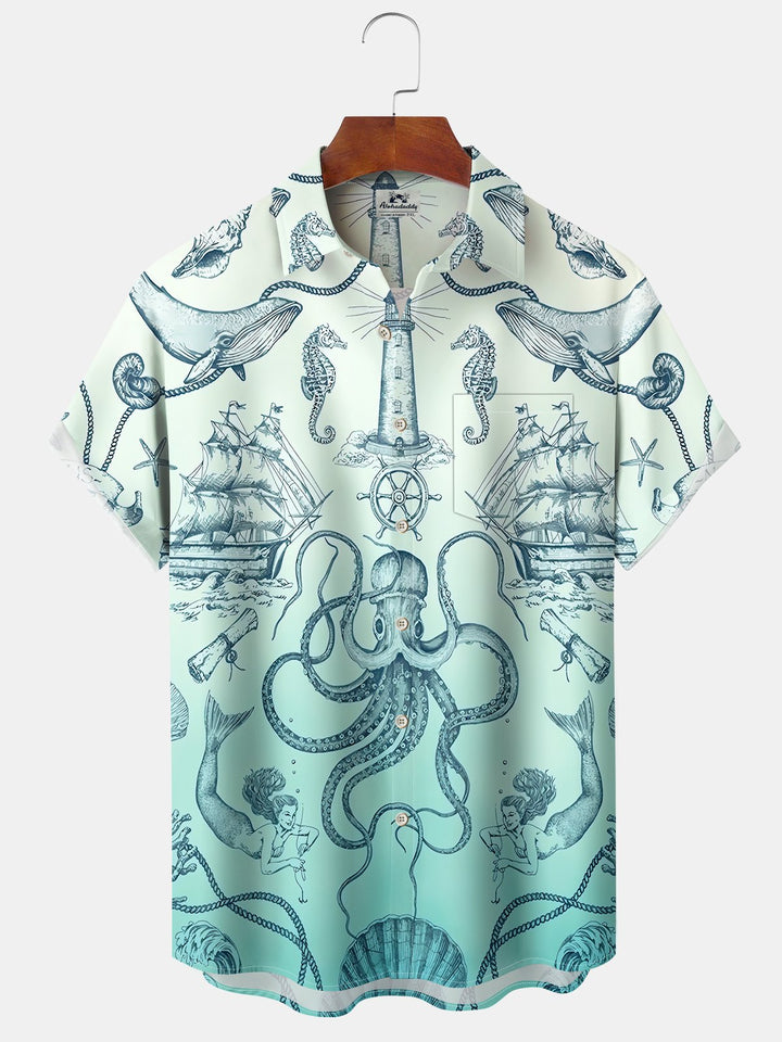 Alohadaddy Hawaiian Gradient Octopus Nautical Pattern Button Pocket Casual Short Sleeve Large Size Stretch Shirt