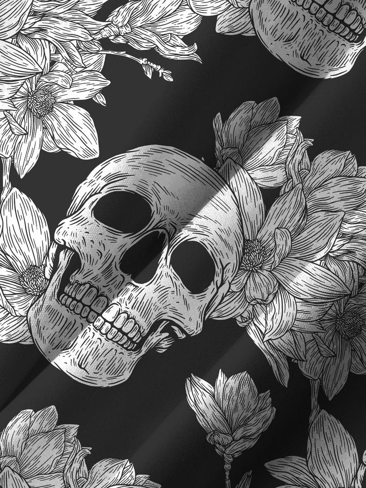 Alohadaddy Hawaiian Casual Skull Palm Leaf Print Art Buttons Pocket Cardigan Stretch Large Size Short Sleeve Shirt
