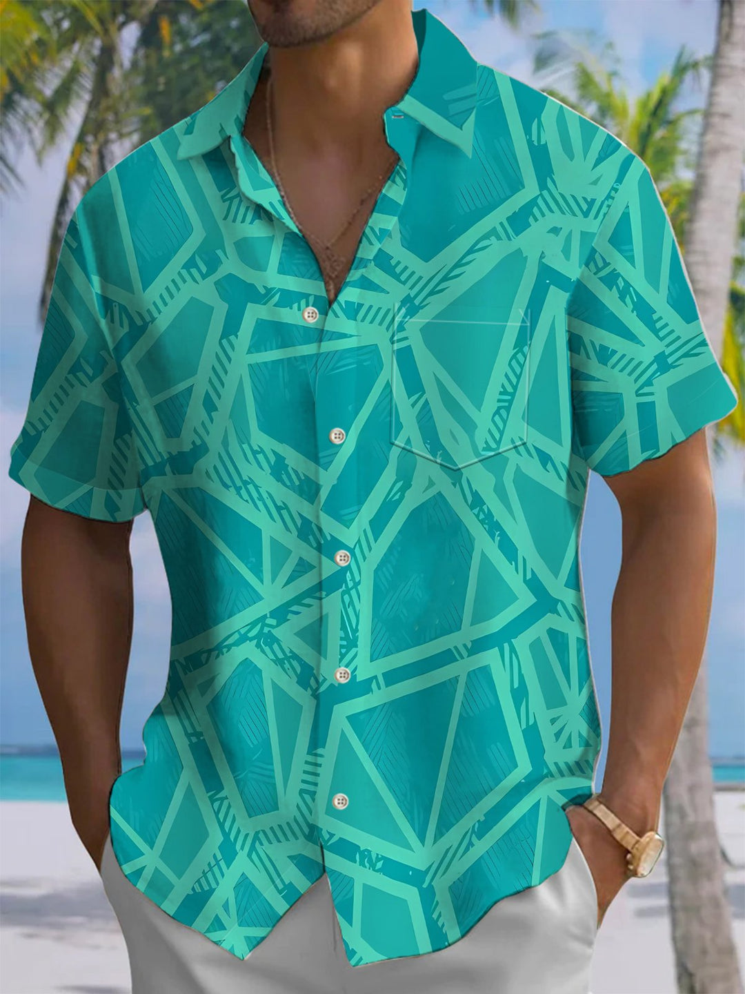 Alohadaddy® Casual Geometric Art Print Chest Pocket Men&