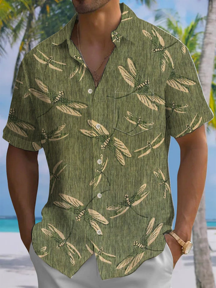 Alohadaddy® Vintage Dragonfly Print Chest Pocket Men&