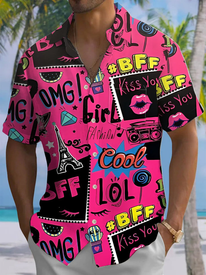 Alohadaddy® Casual Graffiti Lettering Print Art Chest Pocket Men&