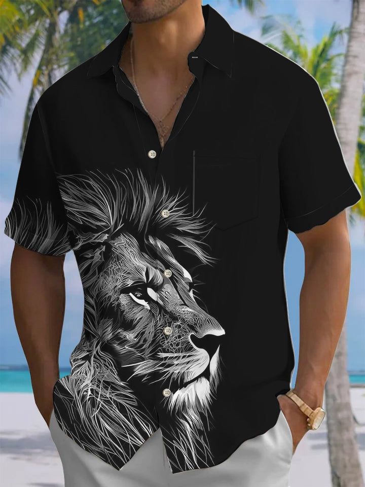 Alohadaddy® Casual Lion Head Printed Chest Pocket Men&