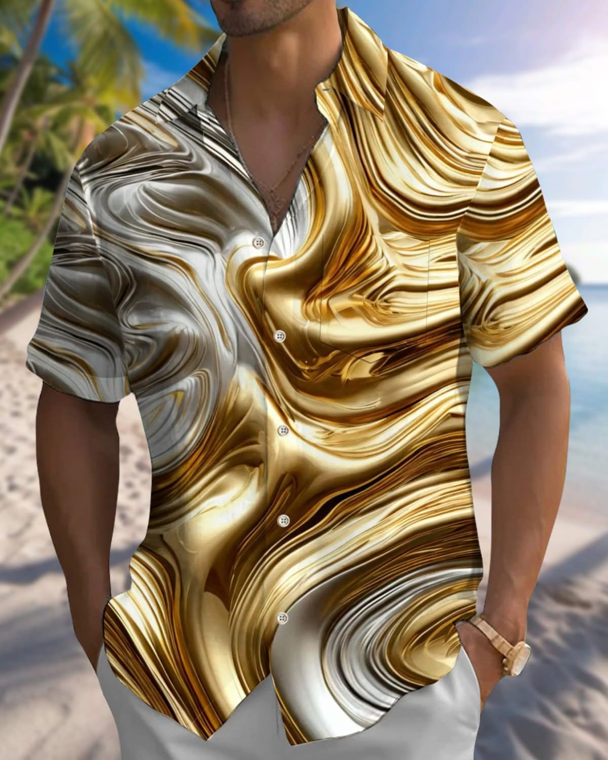 Alohadaddy® Casual Abstract Metallic Print Pocket Stretch Men's Short Sleeve Shirt Big & Tall