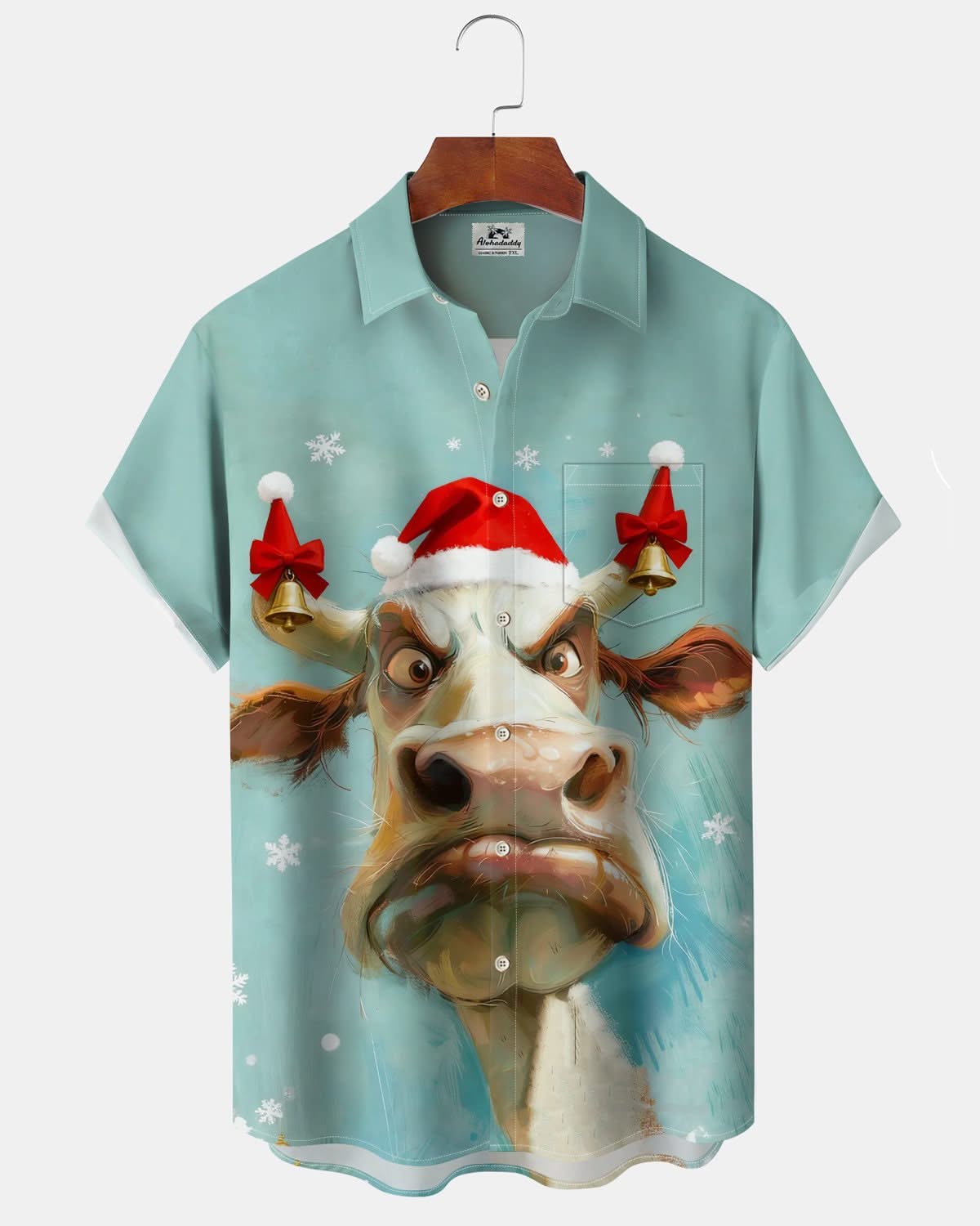 Alohadaddy® Christmas Fun Cow Print Pocket Button Men's Short Sleeve Shirt Big & Tall