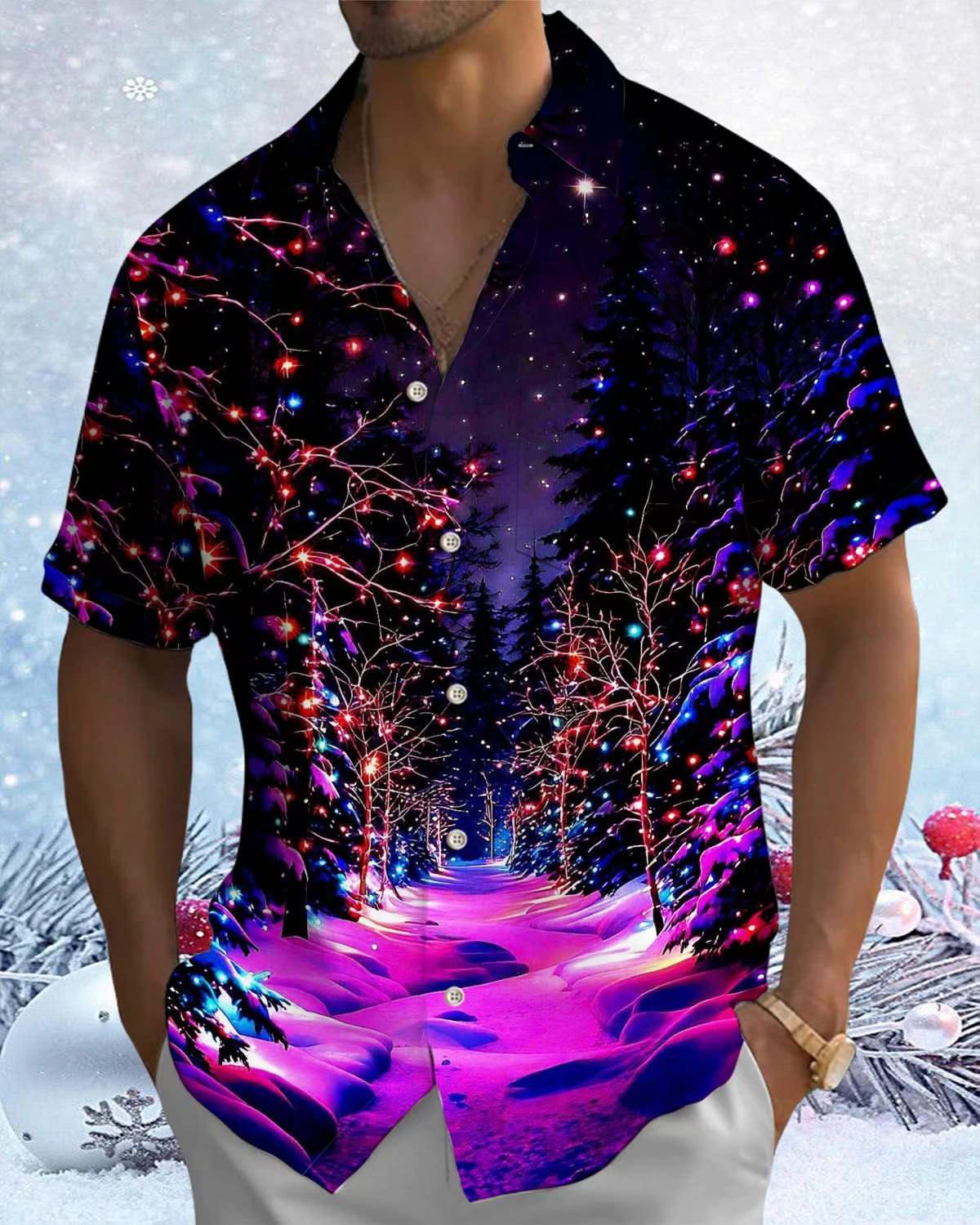Alohadaddy® Christmas Snow Forest Lights Print Pocket Elastic Button Men's Short Sleeve Shirt Big & Tall