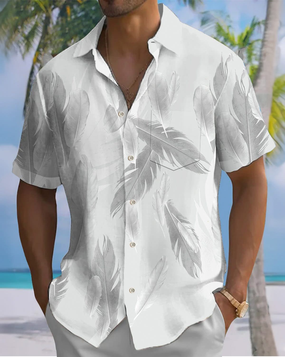 Alohadaddy® Casual Feather Art Print Art Pocket Button Stretch Men's Short-Sleeve Shirt Big & Tall