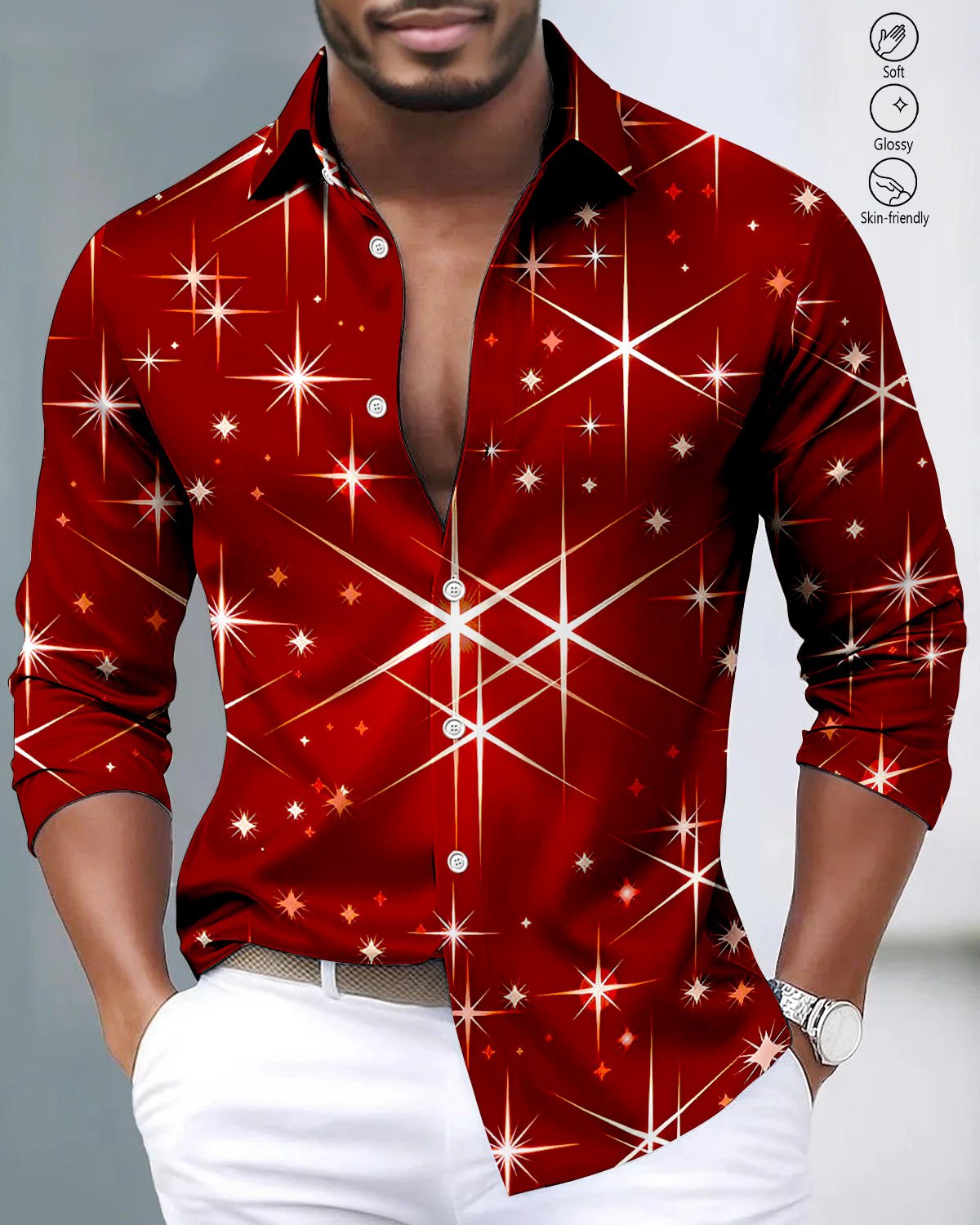 Alohadaddy® Satin Glossy Christmas Starry Print Artistic Stretch Button Men's Long Sleeve Shirt Big & Tall