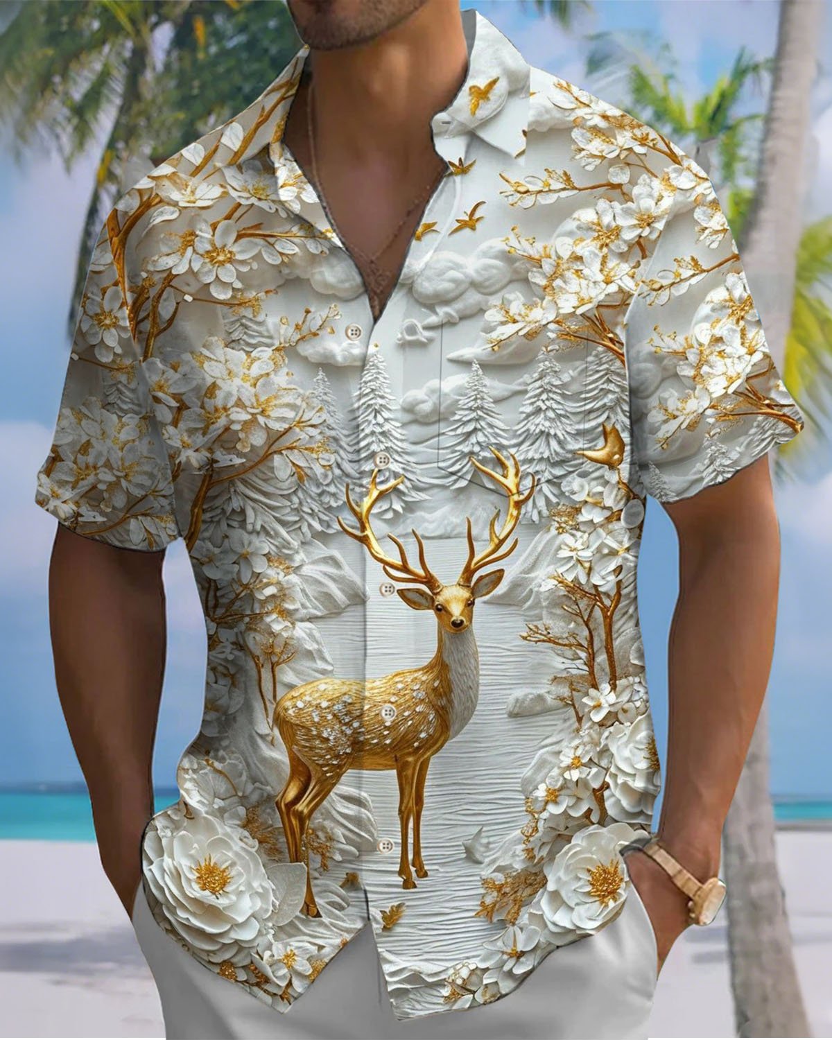Alohadaddy® Casual Reindeer Art Print Stretch Button Pocket Men's Short Sleeve Shirt Big & Tall